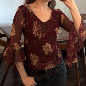 Vintage Burgundy Floral Top With 3/4 Bell Sleeves